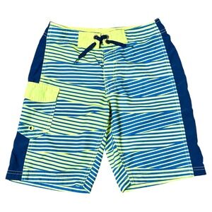 Puma Boys Neon Yellow Blue Striped Board Shorts Swim Trunks‎ Size Size-8 Unlined